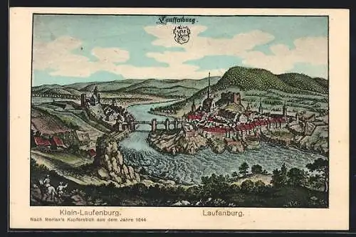 Künstler-AK Klein-Laufenburg, Ortsansicht mit Kirche und Brücke im Jahr 1644, nach Merian