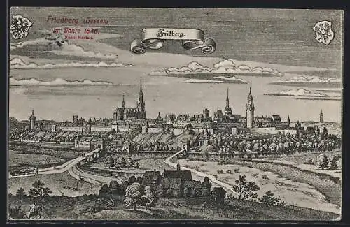 Künstler-AK Friedberg /Hessen, Ortsansicht mit Kirche im Jahr 1646, nach Merian