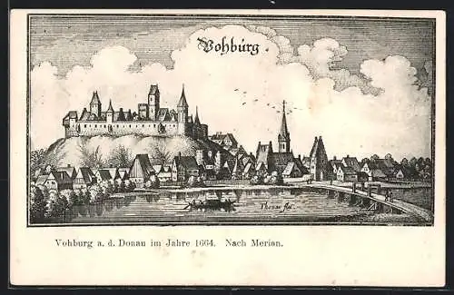Künstler-AK Vohburg a. d. Donau, Ortsansicht mit Burgmauer im Jahr 1664, nach Merian