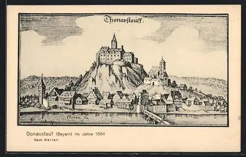 Künstler-AK Donaustauf, Ortsansicht mit Schloss im Jahr 1664, nach Merian