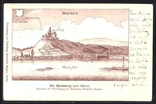 Lithographie Braubach, Blick vom Flussufer zur Stadt mit der Marxburg, Merian