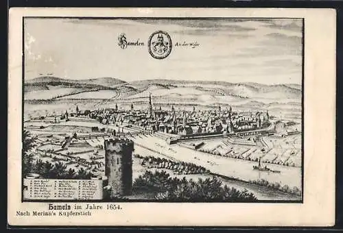 AK Hameln, Ortsansicht mit Wappen im Jahre 1654, nach Merian