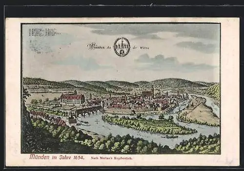 AK Münden / Hann., Panorama im Jahre 1654, Nach Merians Kupferstich