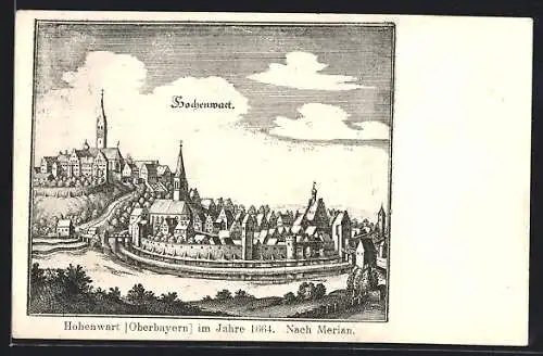 Künstler-AK Hohenwart / Obb., Ortsansicht mit Kirche im Jahr 1664, nach Merian