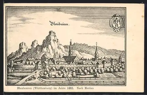 Künstler-AK Blaubeuren, Ortsansicht mit Kirche im Jahr 1663, nach Merian