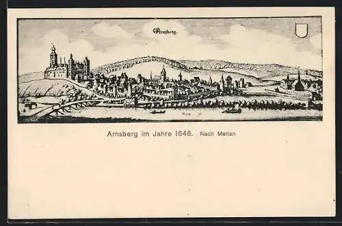 Künstler-AK Arnsberg / Westf., Ortsansicht mit Brücke im Jahr 1646, nach Merian