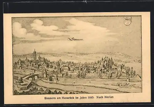 Künstler-AK Simmern am Hunsrück, Ortsansicht mit Brücke im Jahr 1645, nach Merian