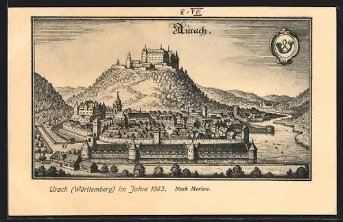AK Urach /Württemberg, Ortsansicht im Jahre 1663 nach Merian
