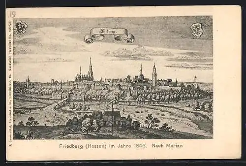Künstler-AK Friedberg / Hessen, Blick auf Ort und Kirche im Jahr 1646, nach Merian
