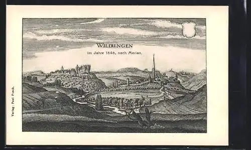 Künstler-AK Wildungen, Ortsansicht mit Kirche im Jahr 1646, nach Merian