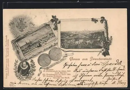 AK Freudenstadt, Wappen, Freudenstadt im Jahre 1643, nach Merian, Herzog Friderich