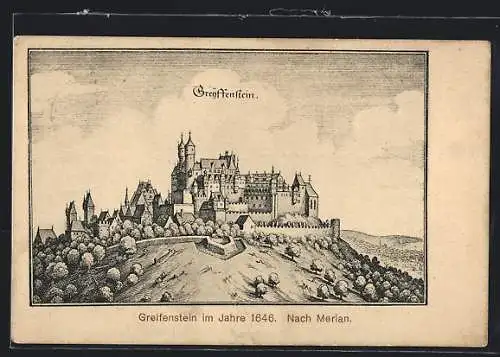 Künstler-AK Greifenstein, Blick auf die Burg im Jahr 1646, nach Merian