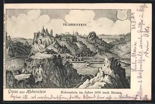 Künstler-AK Hohenstein / Taunus, Ortsansicht mit Schloss im Jahr 1630, nach Merian