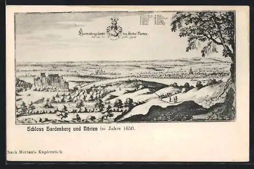 Künstler-AK Nörten, Ortsansicht mit Schloss Hardenberg im Jahr 1650, nach Merian