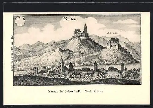 Künstler-AK Nassau / Lahn, Ortsansicht nach Merian im Jahre 1645