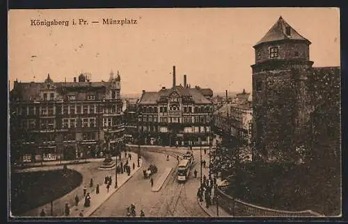 AK Königsberg i. Pr., Münzplatz mit Geschäften und Strassenbahn