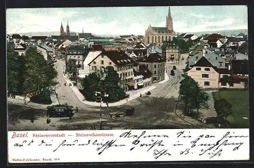 AK Basel, Steinenvorstadt, Steinenthorstrasse mit Strassenbahn