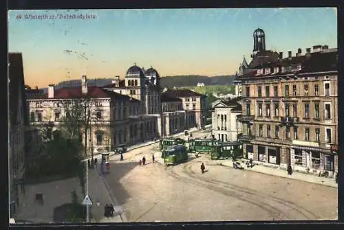 AK Winterthur, Bahnhofplatz mit Geschäften und Strassenbahn