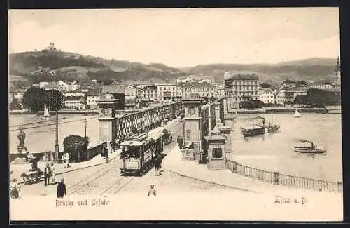 AK Linz a. D., Brücke mit Strassenbahn und Urfahr