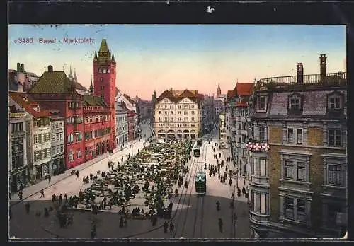 AK Basel, Marktplatz mit Kaffeerösterei und Strassenbahn