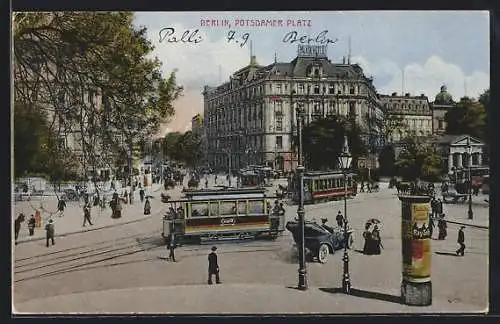 AK Berlin, Potsdamer Platz mit Litfasssäule und Strassenbahn