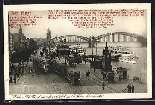 AK Köln a. Rh., Frankenwerft mit Strassenbahn und Blick auf Hohenzollernbrücke