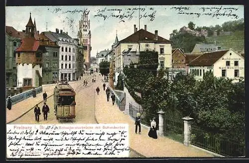 AK Freiburg, Schwabentorbrücke mit Strassenbahn & Schwabentor