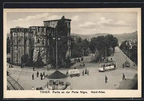 AK Trier, Partie an der Porta Nigra, Nord-Allee, Strassenbahn