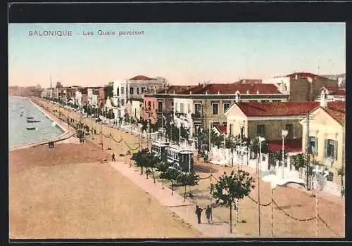 AK Salonique, Les Quais pavoises, Strassenbahn