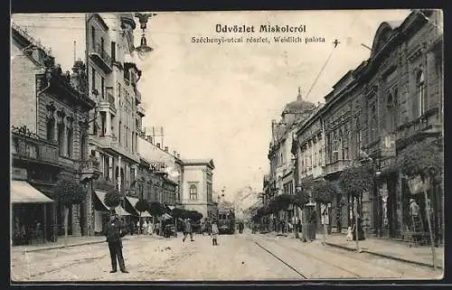 AK Miskolc, Széchenyi-utcai részlet, Weidlich palota, Strassenbahn