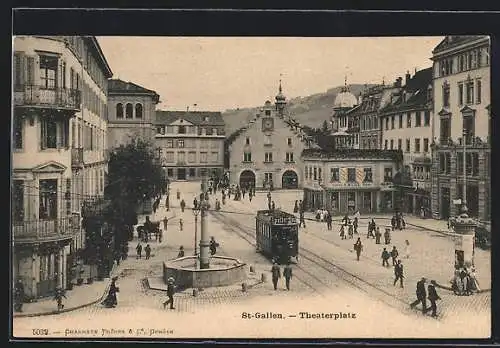 AK St-Gallen, Theaterplatz mit Geschäften und Strassenbahn