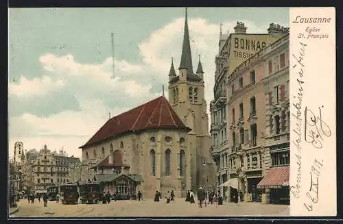 AK Lausanne, Eglise St. Francois, Strassenbahn