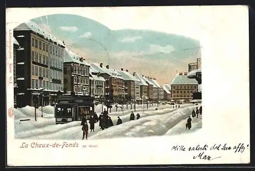 AK La Chaux-de-Fonds, En hiver, Strassenbahn