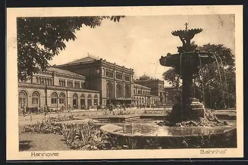 AK Hannover, Blick vom Springbrunnen zum Bahnhof