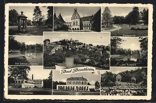 AK Bad Bentheim, Logierhaus, Sanatorium, Freilichtbühne, Schwanenweiher, Burg-Innenhof, Kurpark