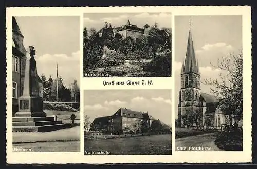 AK Glane T. / Bad Iburg, Schloss Iburg, Ehrenmal, Volksschule, Kath. Pfarrkirche