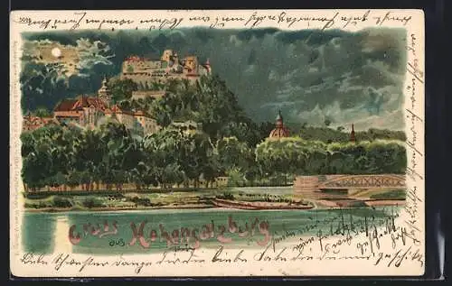 Lithographie Salzburg, Festung Hohensalzburg bei Vollmond vom Fluss aus gesehen