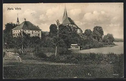 AK Maria Wörth, Uferpartie mit Kirche