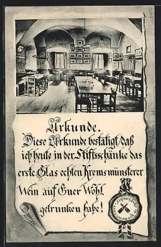 AK Kremsmünster, Urkunde über den Genuss von einem Glas Kremsmünsterer Wein in der Stiftsschänke