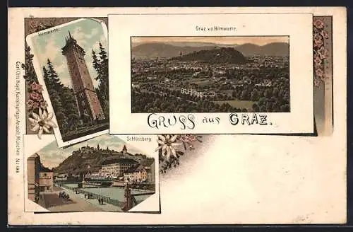 Lithographie Graz, Schlossberg, Hilmwarte und Gesamtansicht