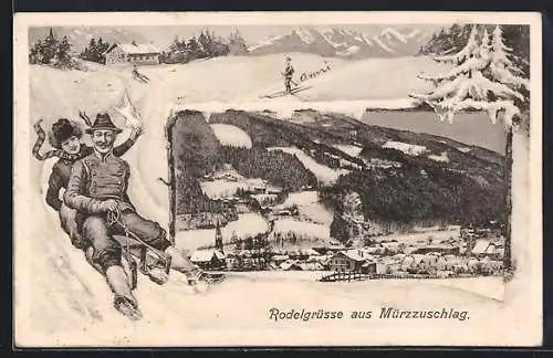 Passepartout-AK Mürzzuschlag, Teilansicht mit Umgebung im Winter, Rodelndes Paar