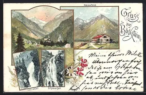 Lithographie Böckstein, Kesselfall und Schleierfall, Nassfeld, Teilansicht des Ortes