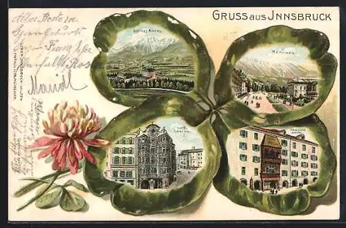 Lithographie Innsbruck, Rennweg, Goldenes Dachl, Schloss Amras, Casino im Kleeblatt-Rahmen