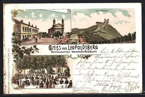 Lithographie Wien, Restauration auf dem Leopoldsberg, Strassenpartie