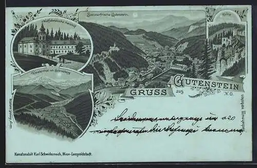 Mondschein-Lithographie Gutenstein /N. Ö., Kirche Mariahilf, Ruine, Klosterthal mit Schneeberg, Gesamtansicht