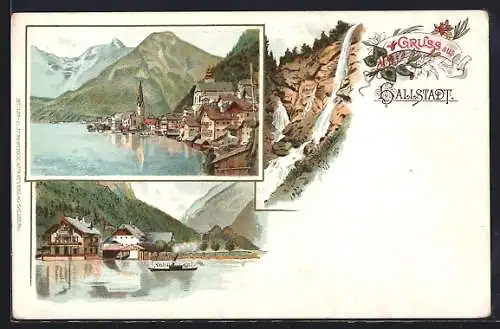 Lithographie Hallstatt, Ortsansicht, Dampferpartie, Wasserfall