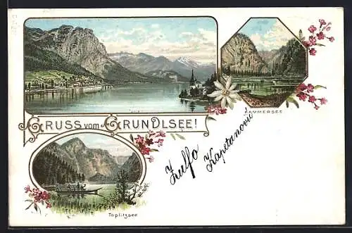 Lithographie Grundlsee, Ortsansicht mit See und Bergpanorama, Bootspartie im Toplitzsee, Kammersee-Partie
