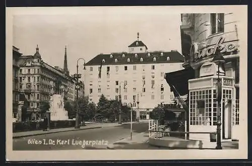 AK Wien, Dr. Karl Luegerplatz mit Cafe und Geschäften