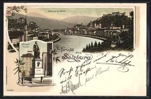 Lithographie Salzburg, Mozart-Denkmal, Ortsansicht von Mülln aus