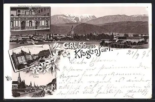 Lithographie Klagenfurt, Portale der Domkirche, Lend, Neuer Platz und Rathaus, Ortsansicht mit Bergpanorama